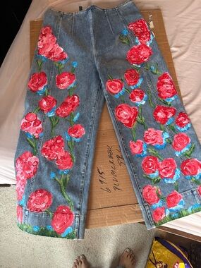 Hand-Painted Red Floral Women’s Denim Jeans